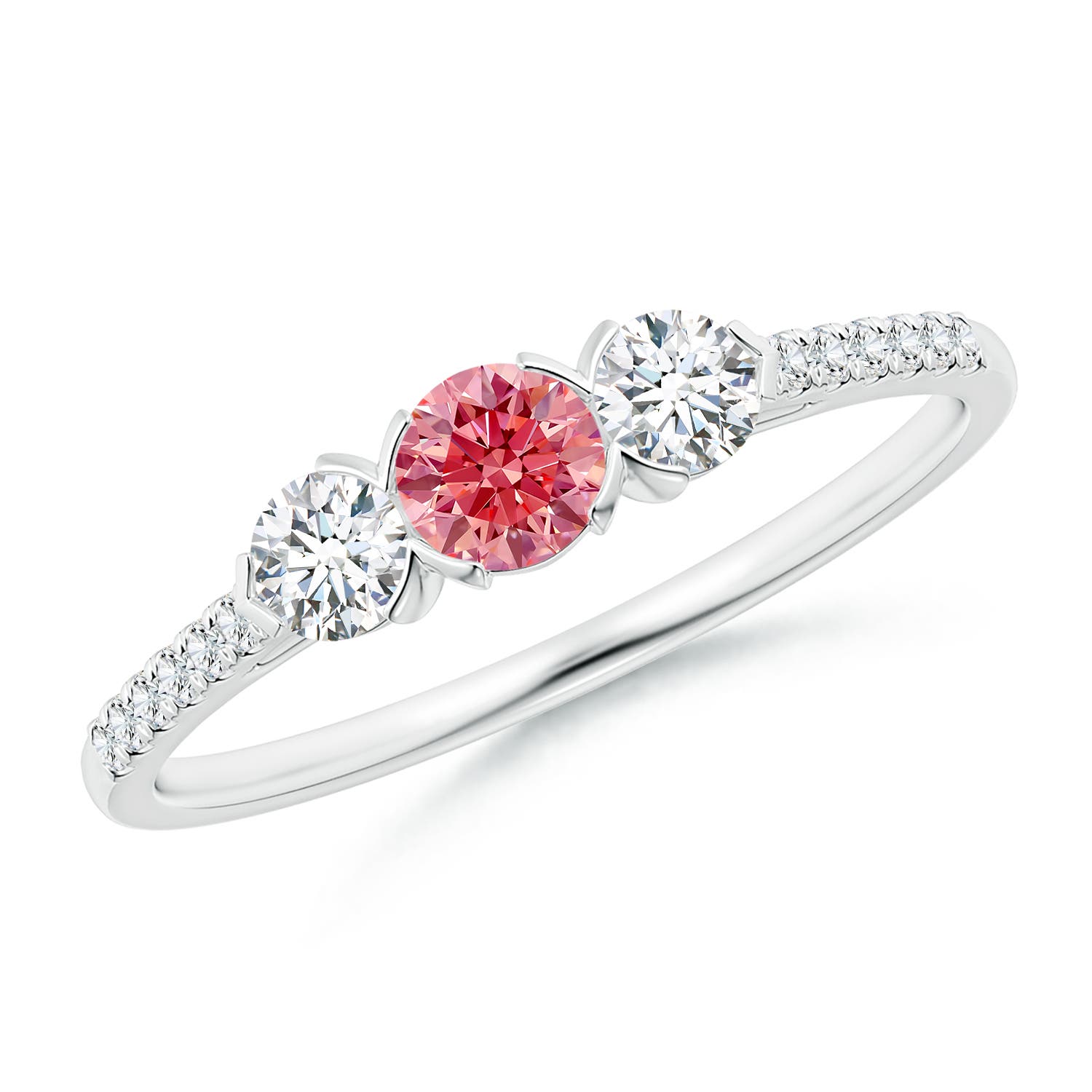 Unique Prong Lab Grown Diamond Fancy Intense Pink Three Stone Ring