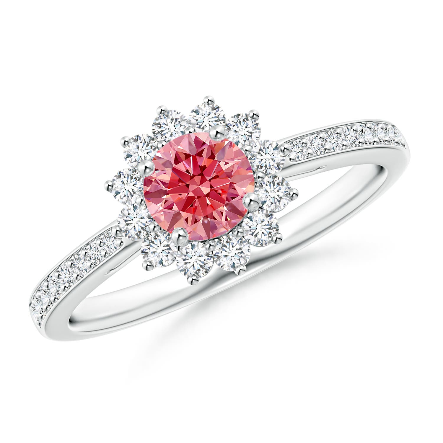 Classic Floral Halo Round Lab-Grown Fancy Intense Pink Diamond Ring with Accents