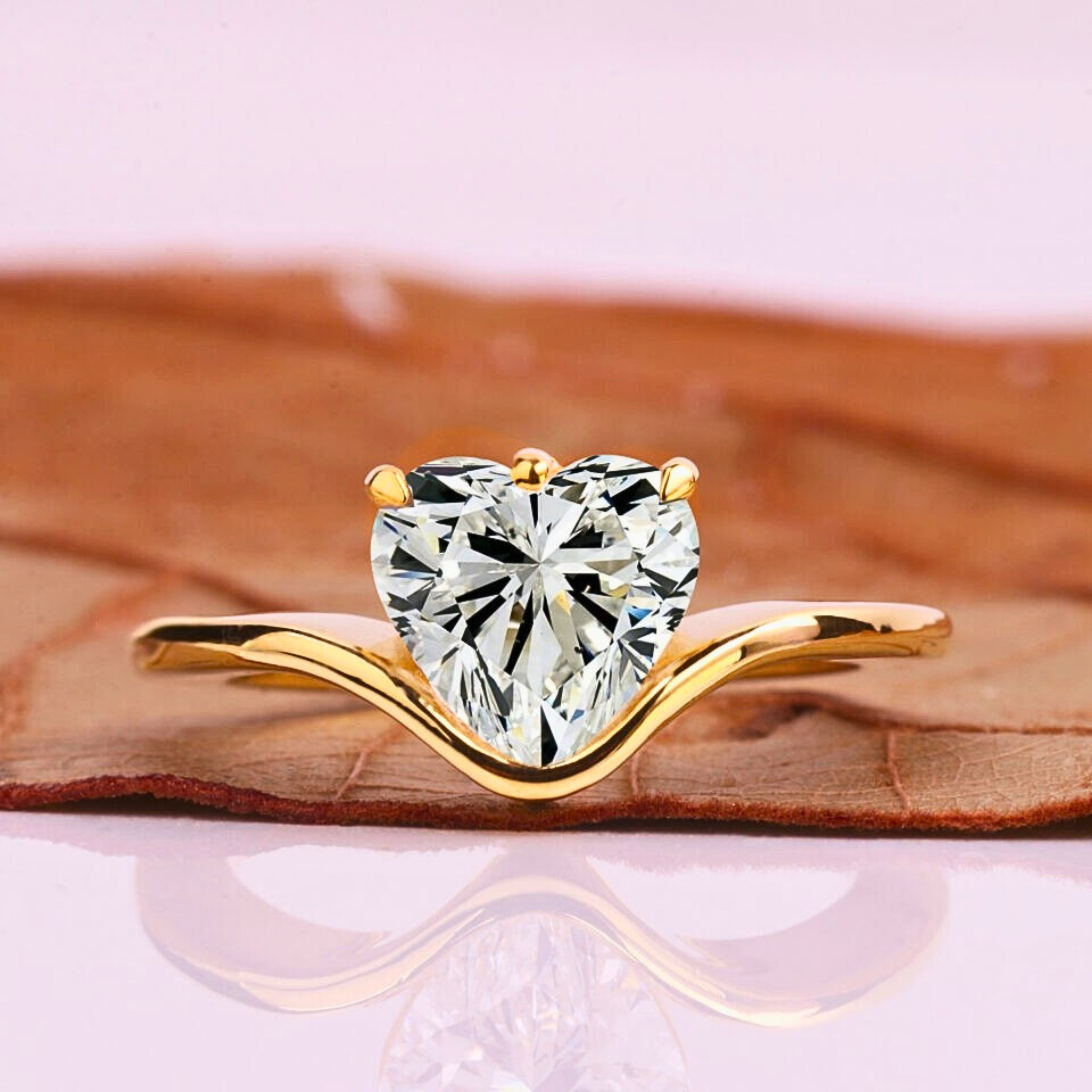 Heart Cut Lab Grown Diamond Solitaire Ring in Yellow Gold Wave Band