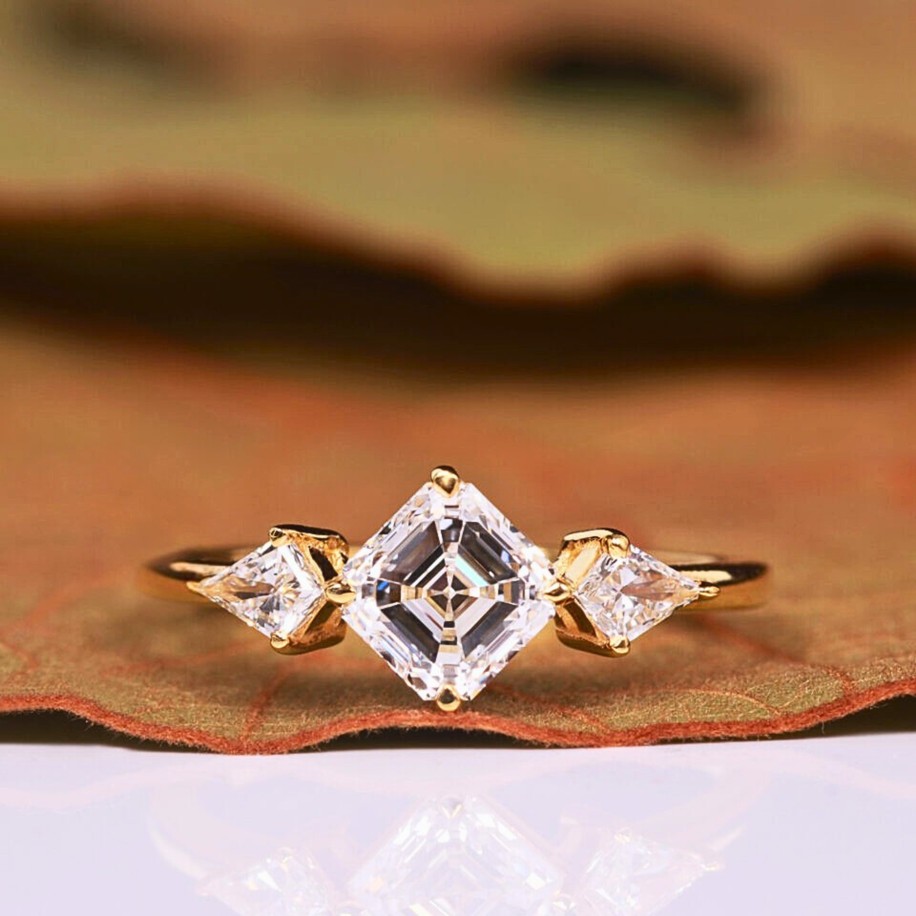 Luxury Asscher Cut Lab Grown Diamond Three Stone Engagement Ring