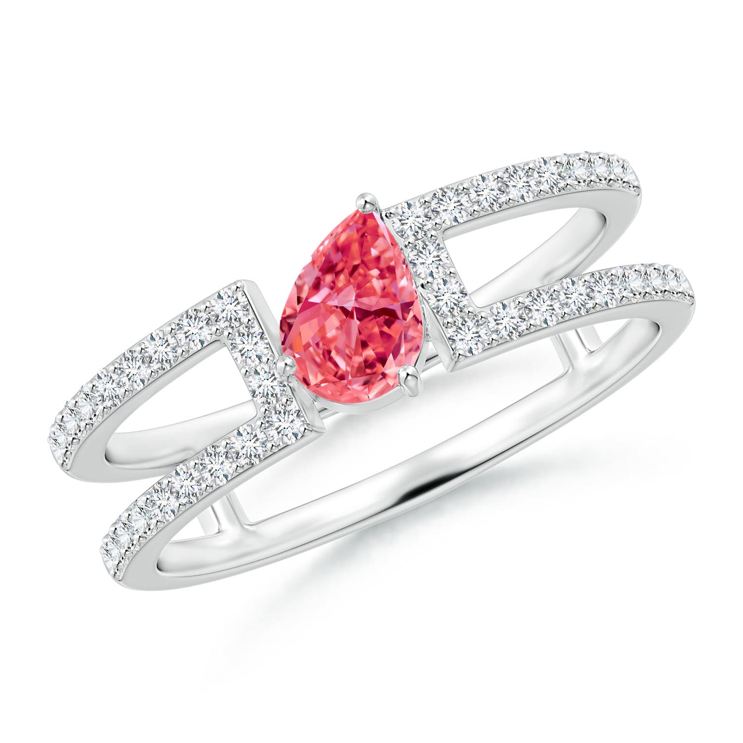 Tilted Pear Lab Grown Fancy Intense PInk Diamod Ring