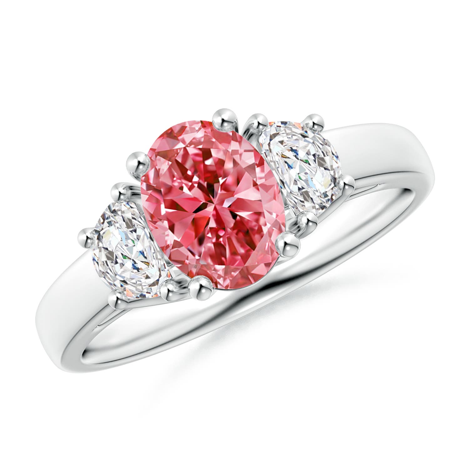 Three stone Oval Lab Grown fancy Intense Pink Diamond Ring
