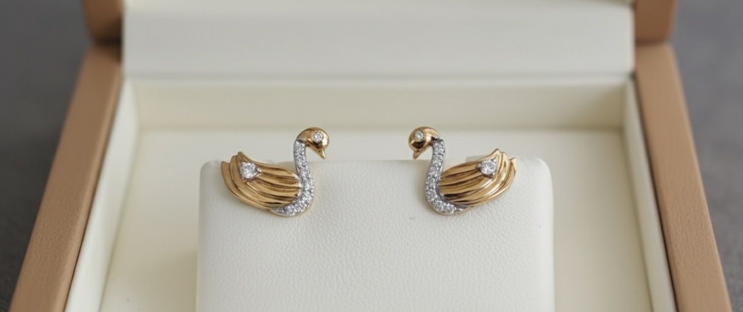 Graceful Cygnet" 18K Two-Tone Gold & Diamond Swan Stud Earrings (0.23ct DWT)