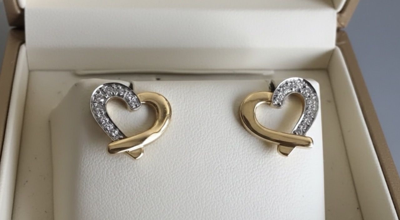 Sculpted Affection" 18K Two-Tone Gold Diamond Heart Studs (0.34ct DWT)