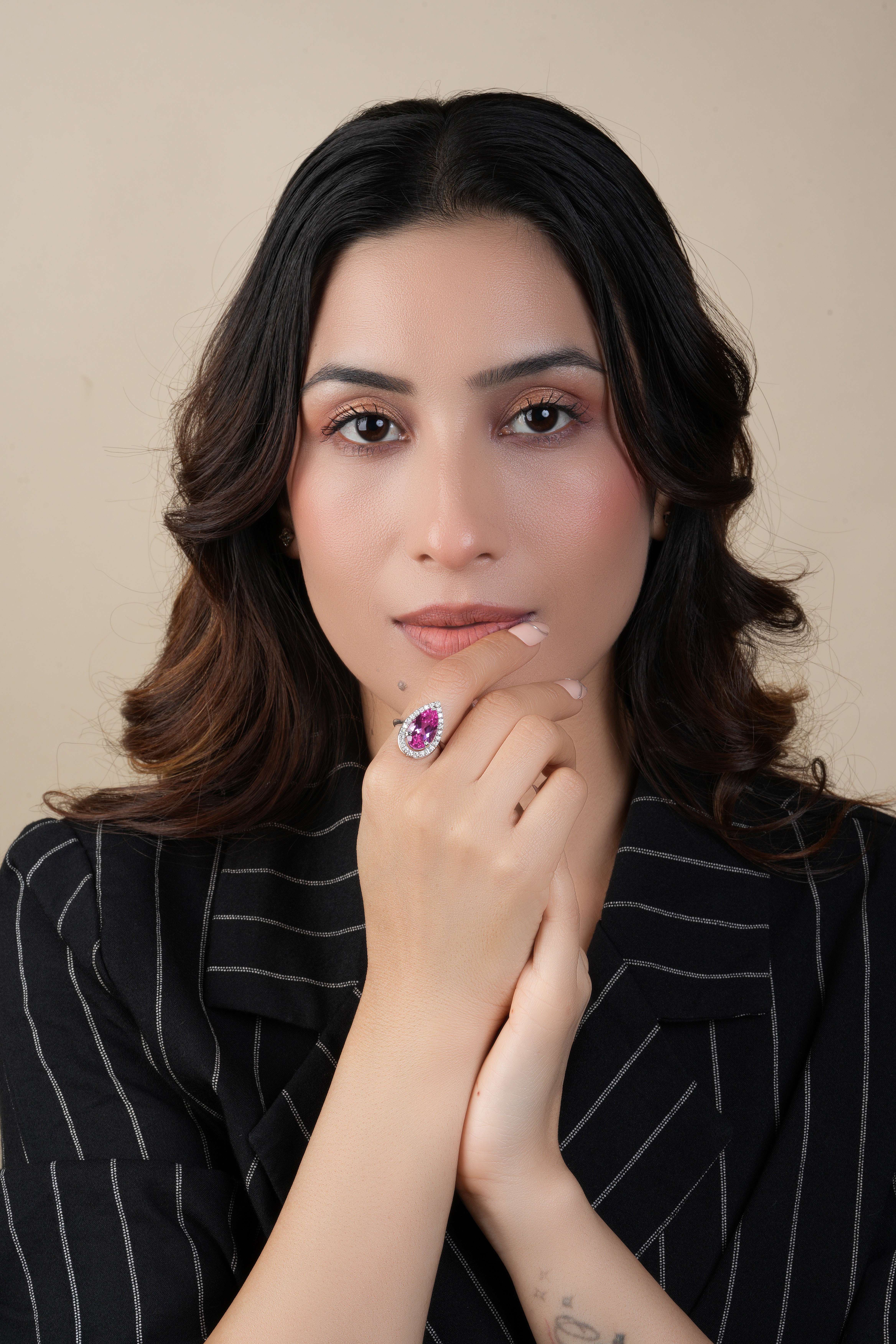 Pear Cut Halo Pink Sapphire & Engagement Diamond Ring