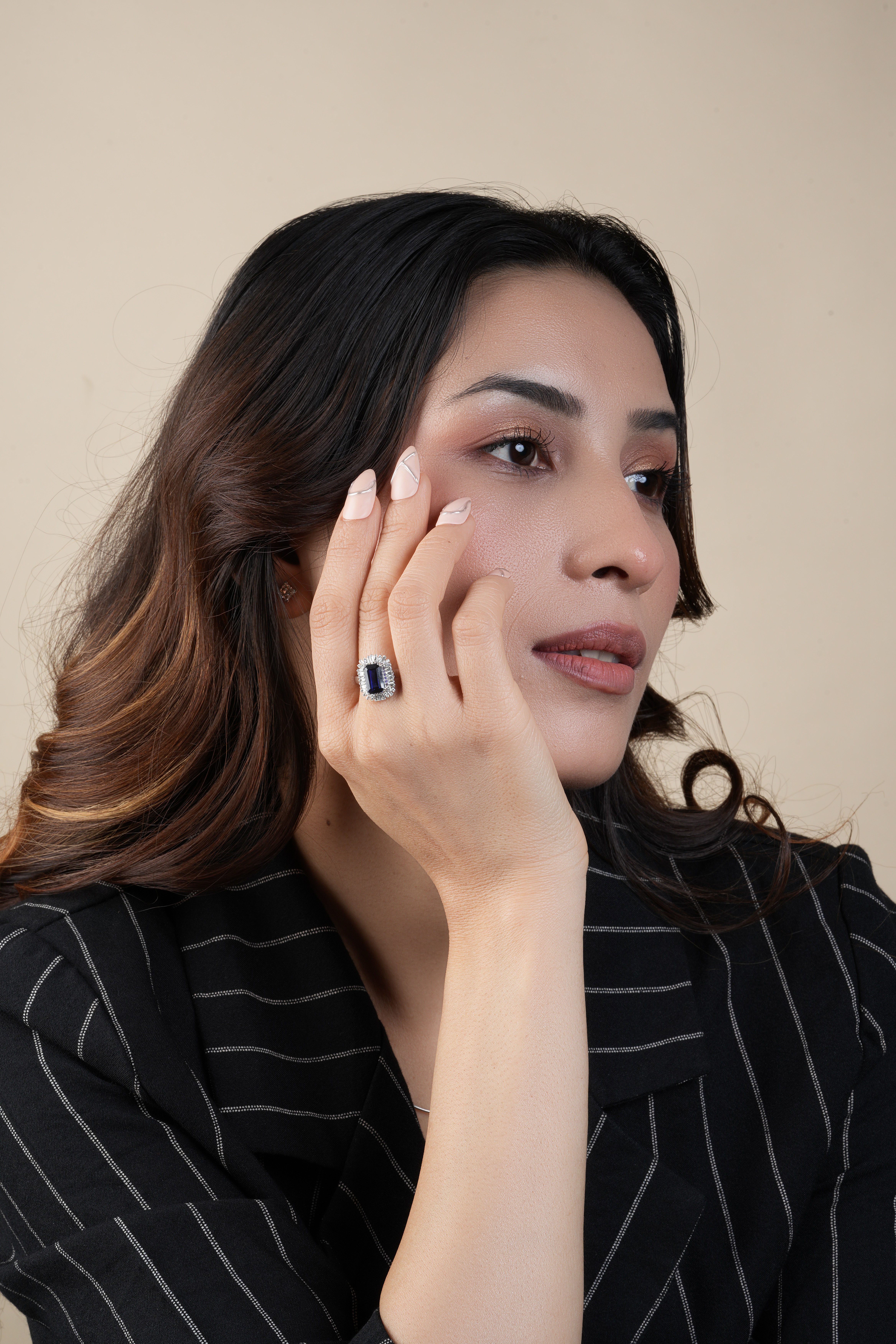 Emerald Cut blue sapphire Halo Diamond engagement Ring