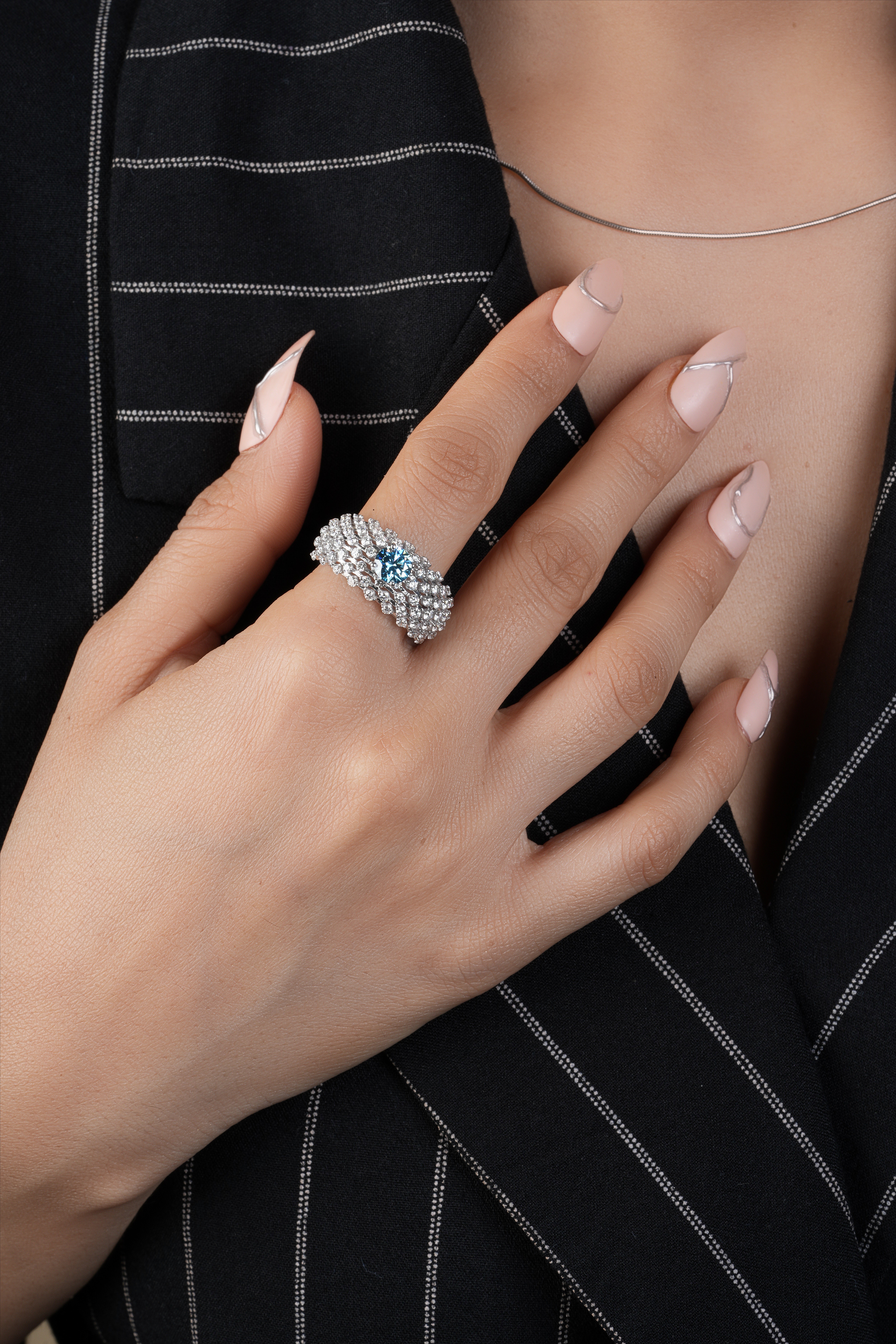 Swiss Blue Round Cut Lab Diamond Cocktail Ring