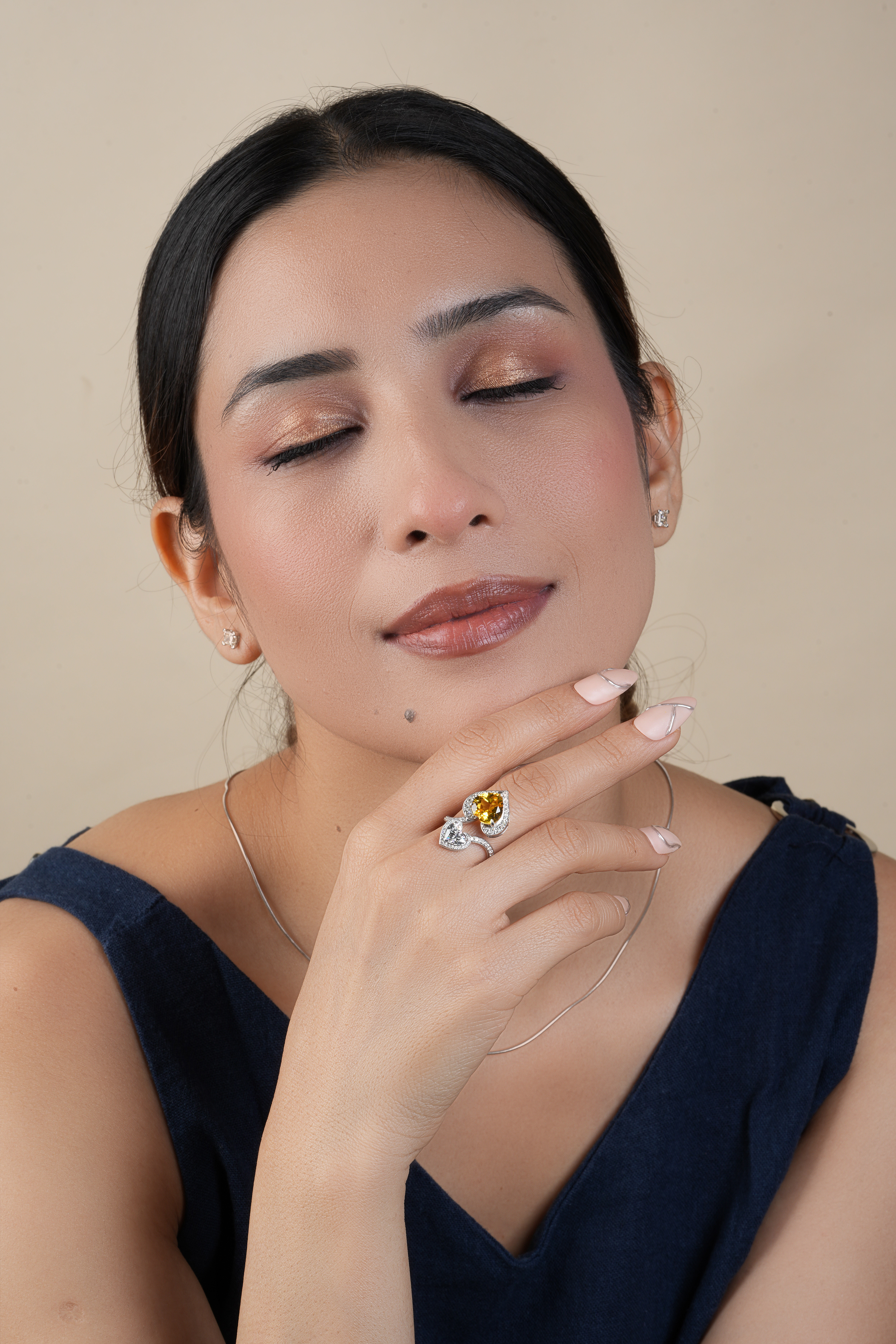 Double heart-shaped Citrine Diamond Wedding- Promise Ring