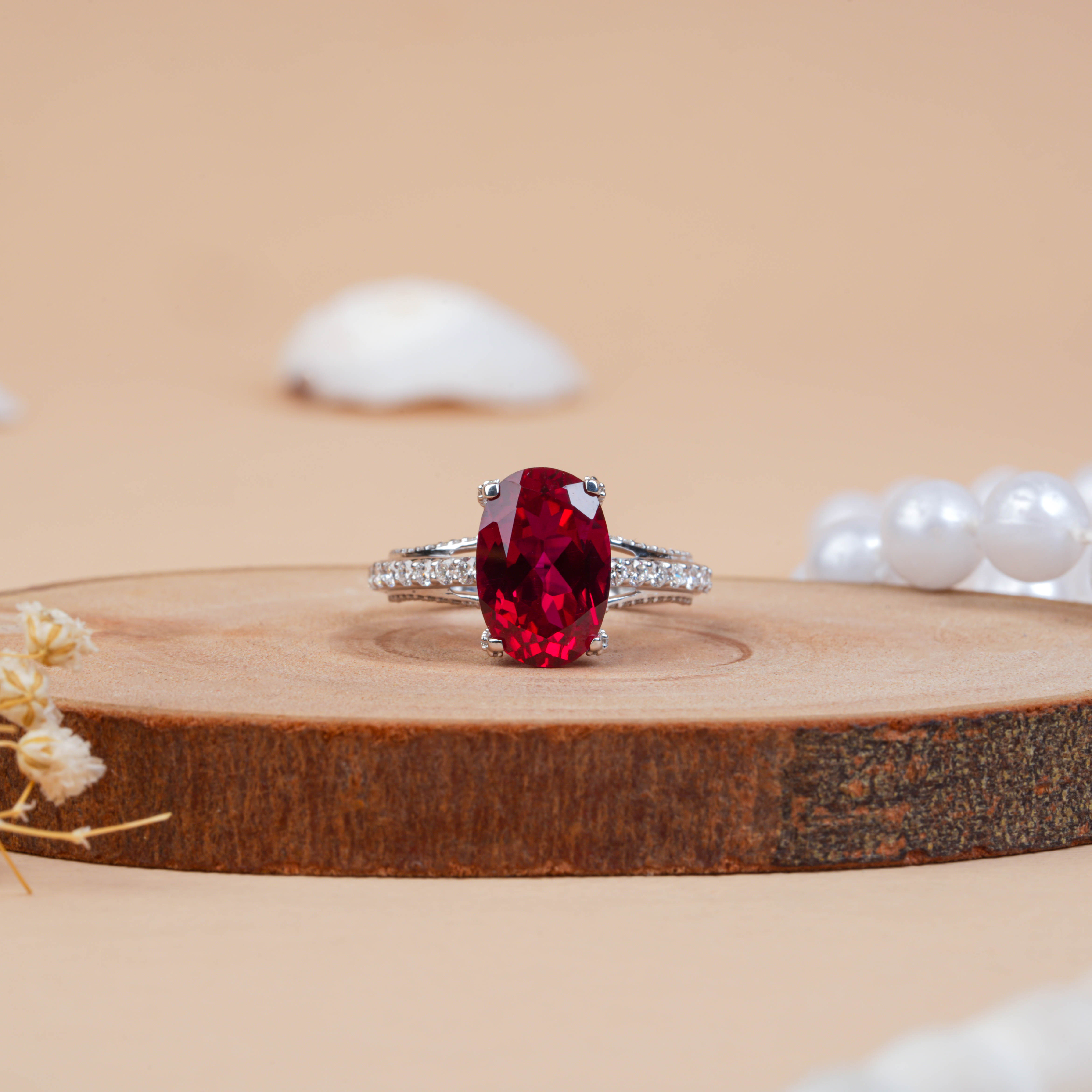 Lab-grown Oval Cut Ruby Hidden Halo Engagement Ring