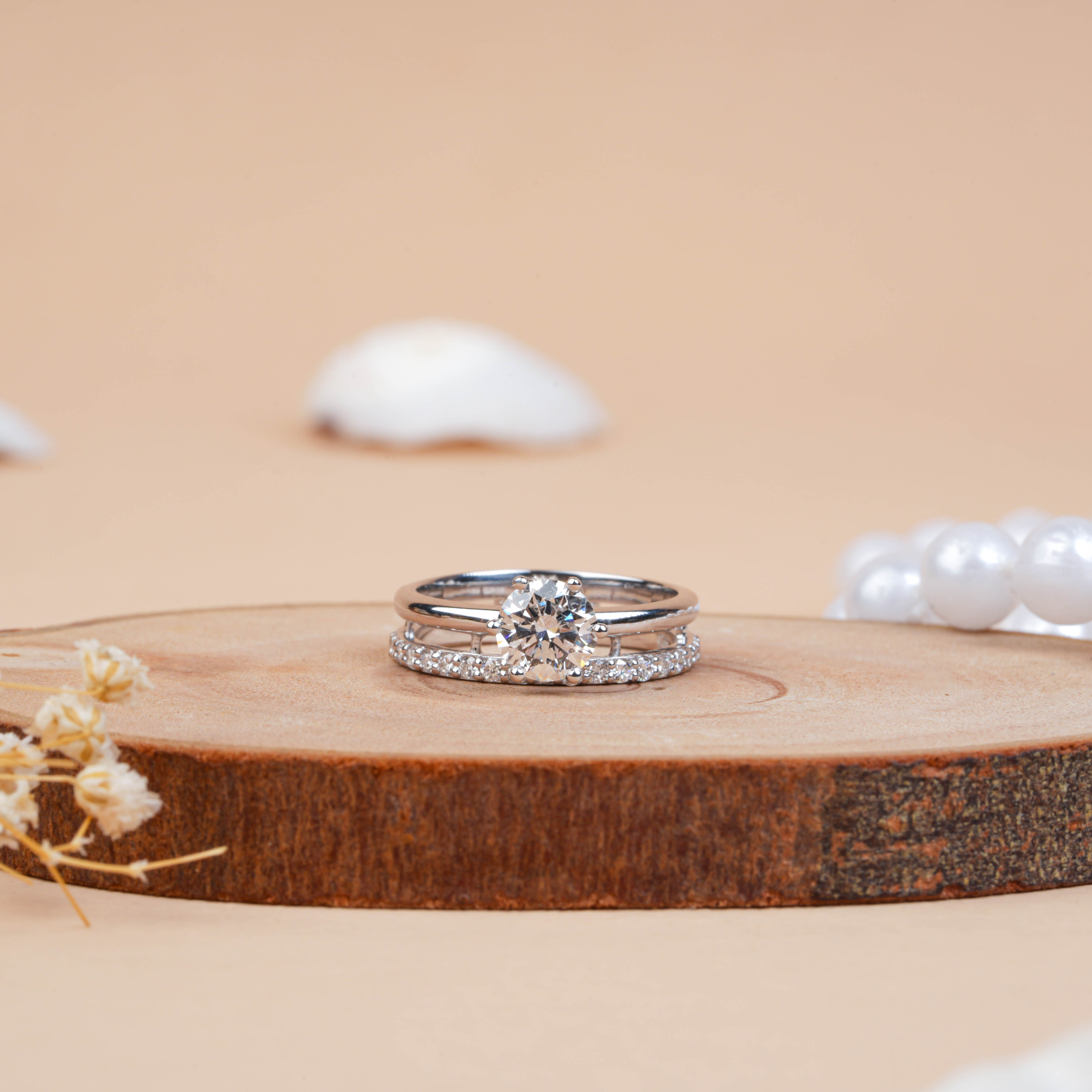 Lab Grown Solitaire Engagement Ring with Pave Wedding Band