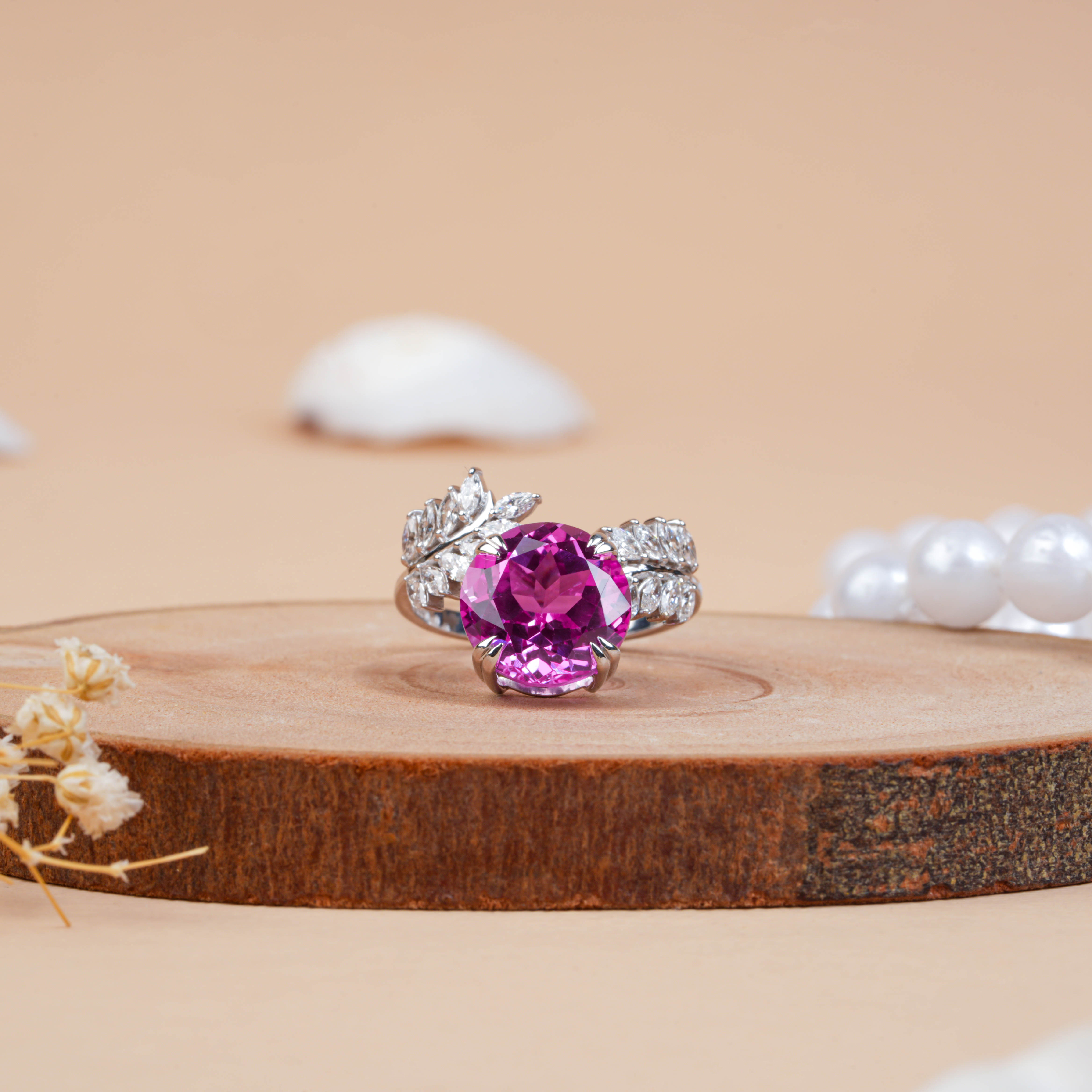 Round Cut Pink Sapphire & Diamond Leaf Engagement Ring