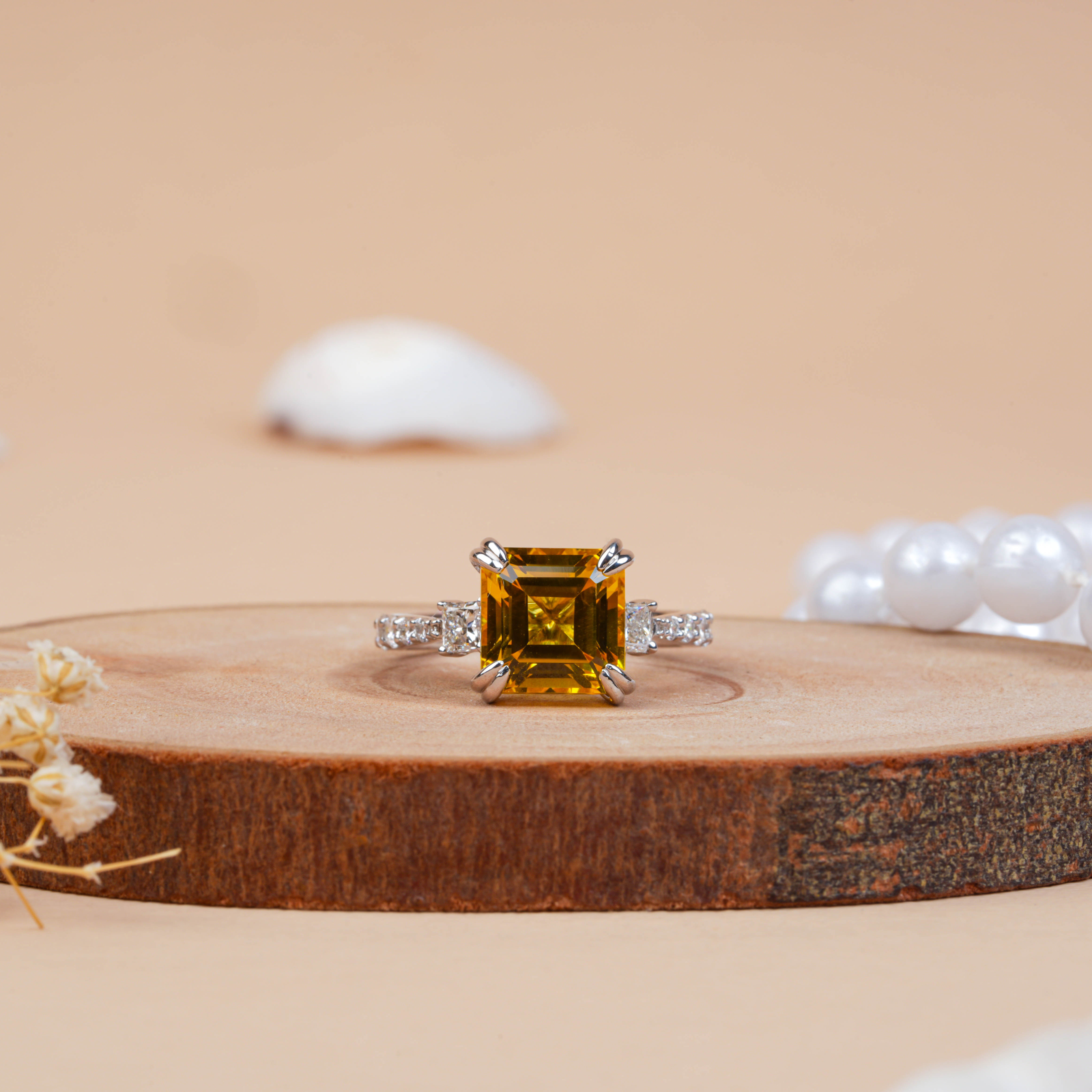 Yellow Citrine Asscher Cut Lab Grown Diamond Engagement Ring